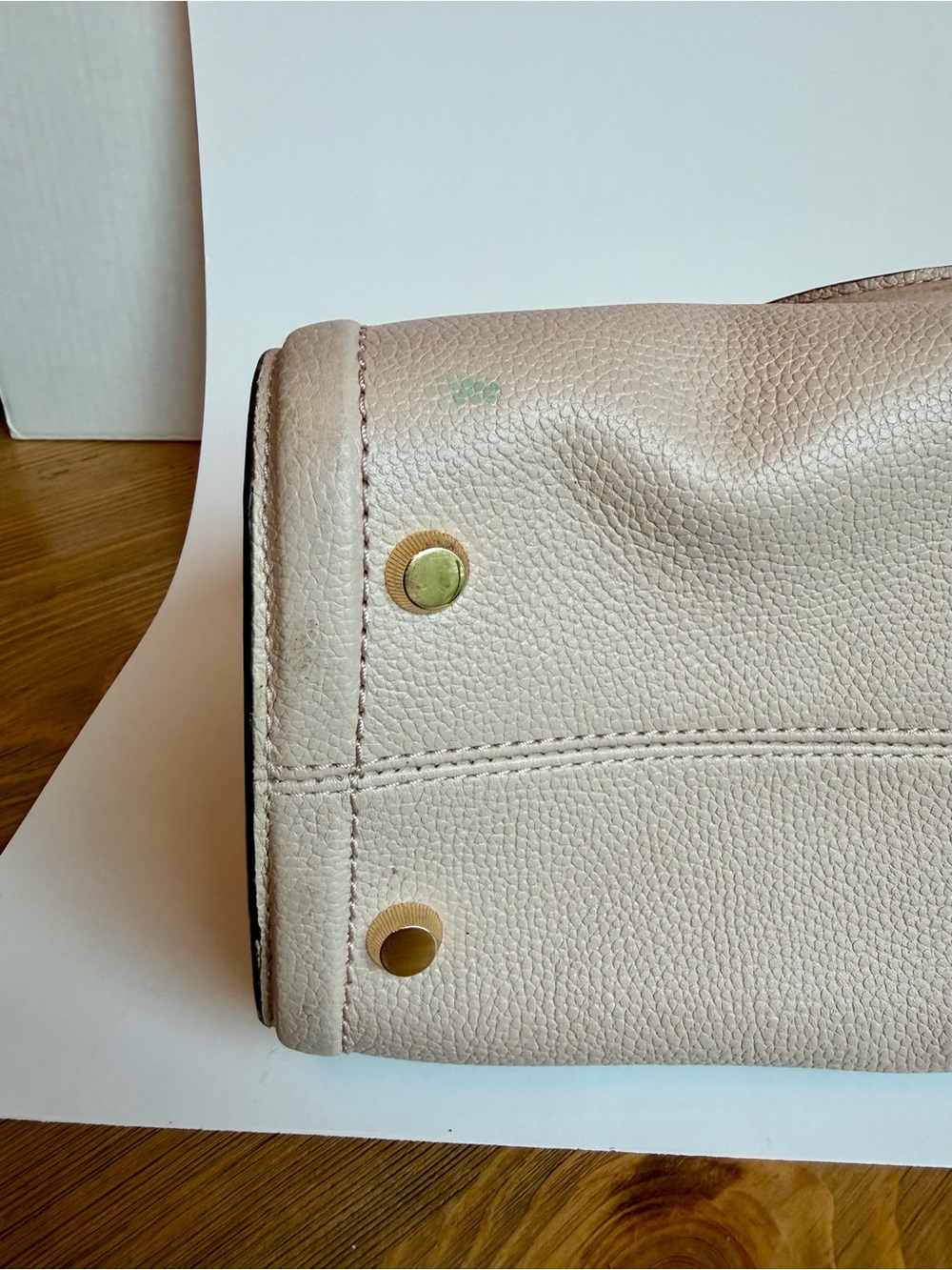 Michael Kors Mercer Pebbled Leather Satchel Handbag Blush Beige Gold Tone Purse - Picture 15 of 16